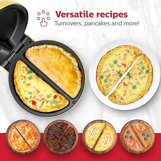 Holstein Housewares Stainless Steel 2 Section Omelet & Frittata Maker, Non Stick Coating, Easy To Clean, Indicator Lights, Compact Storage, Prepare Versatile Recipes in Minutes. 2 Portions, Yellow