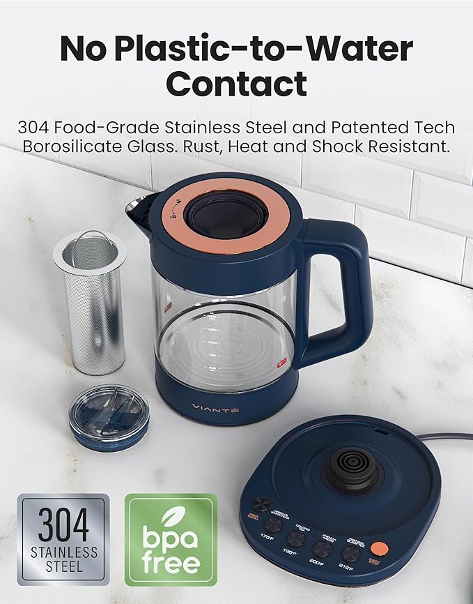 Vianté Electric Kettle With Infuser. No Plastic In Contact With Water. Hot Tea Maker With Temperature Control And Automatic Shut Off. 1.5 Liters Capacity | Midnight Blue Color