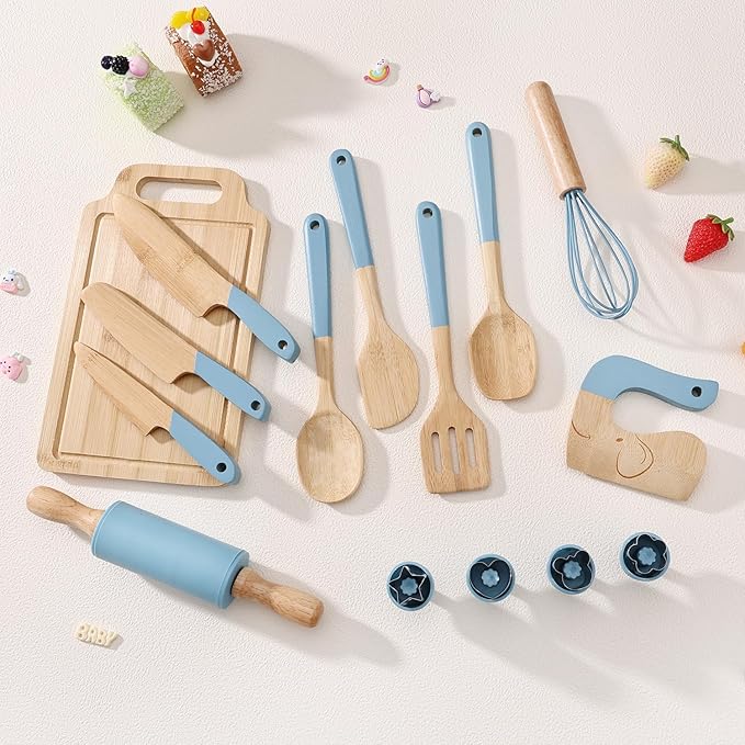 Wooden Kids Safe Knife and Kids Baking Set for Real Cooking, Toddler Montessori Kitchen Tools, Cooking and Baking for Kids Little Chefs Montessori Kitchen Tools for Toddlers-Kids Cooking Sets