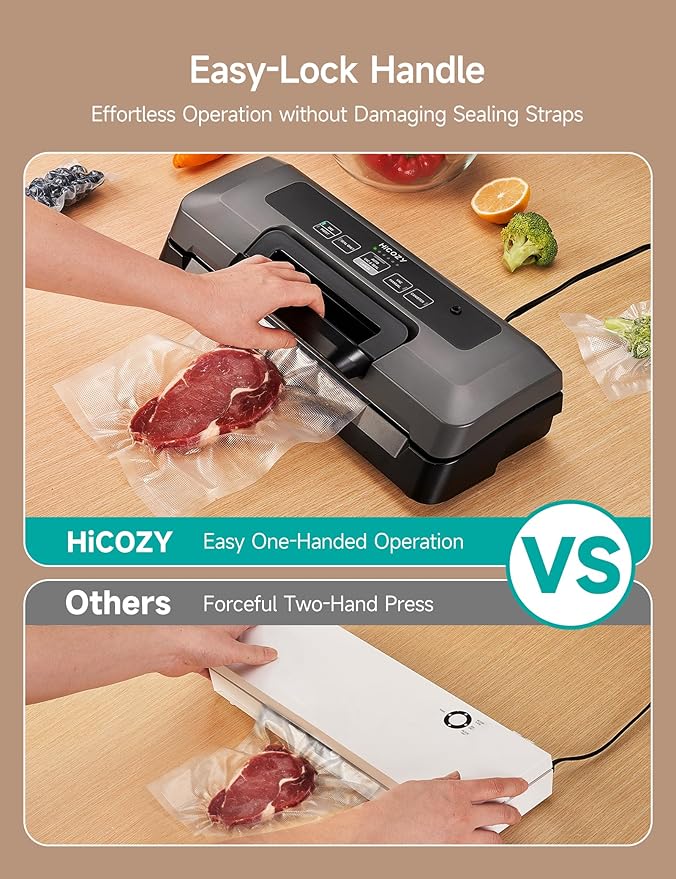 HiCOZY Vacuum Sealer for Food, Powerful Heat Food Sealer, Dry Moist 7-1 Multiple Automatic Modes, Easy-Lock Handle, Compact Design with 10 Vacuum Bags & 2 Bag Rolls, Bag Cutter Included, Space Gray