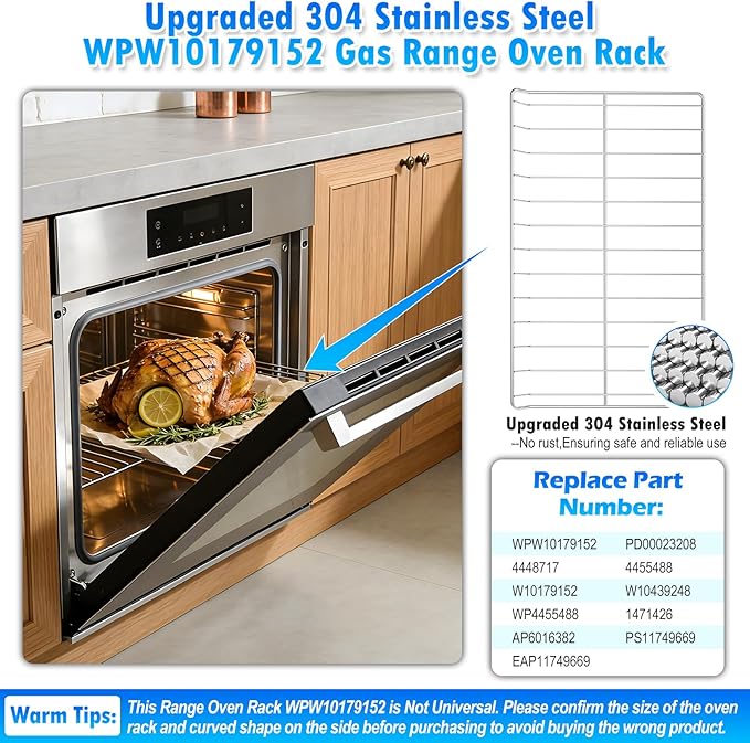 Upgraded 304 Stainless Steel WPW10179152 W10179152 Oven Rack Compatible with Kitchen-Aid, Maytag and Whirlpool Range Oven Stove Wire Rack W10439248 EAP11749669 Gas Range Oven Rack w/Oven Rack Liner