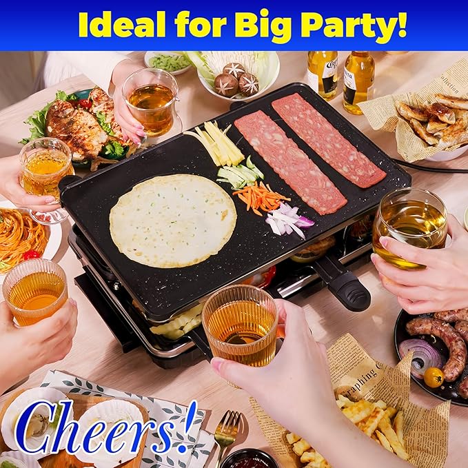 Raclette Grill, Raclette for 8 People, 1300W Electric Grill with 1 Reversible Non-stick Grill Pan & 8 Mini Raclette Cheese Pans & 1 Wooden Spatula, for Indoor Family Barbecue & Party