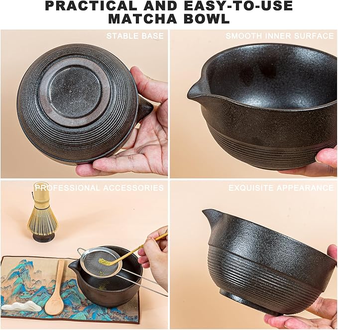 Matcha Set 7-Piece Tea Set with Brush, Bowl, Whisk, Strainer, Chasen, for Matcha Tea Ceremony (Black)