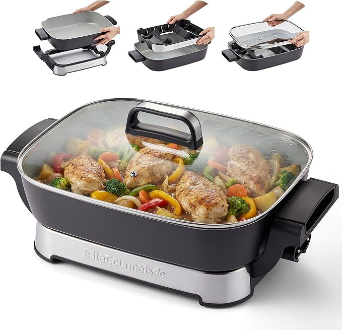 Elite Gourmet 15" x 12" x 3" Stow-Away Foldable Electric Skillet, Ceralast™ PFAS Free Ceramic, 1500W Rapid Heat, Dishwasher Safe Pan & Lid, Black/Grey
