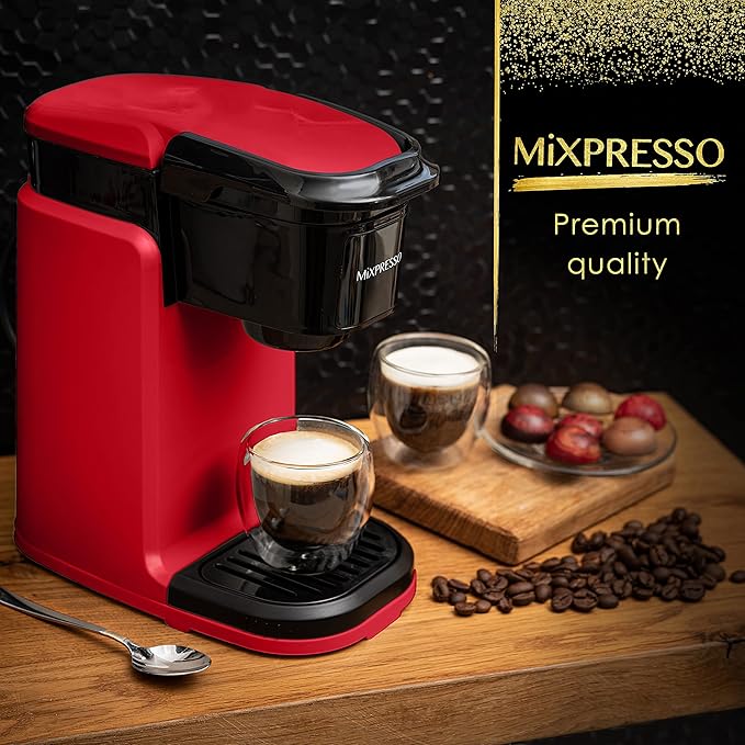 Mixpresso Red Single Serve Coffee Maker for K Capsule, Compact Mini Coffee Maker 800 Watt Coffee Machine for Pods or Ground, Fast Brew, Auto Shut Off, 12 Oz Brew Size for Travel, Office, RV and Dorm