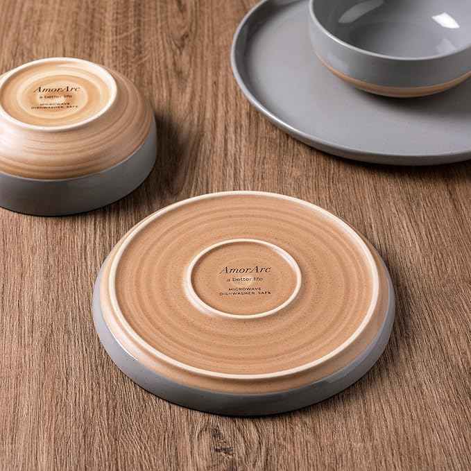 AmorArc Ceramic Dinnerware Sets for 6, 18 Pieces Handpainted Plates and Bowls Set with Rustic Terracotta Underside, Scratch Resistant Stoneware Dishes Set, Dishwasher & Microwave Safe, Gray