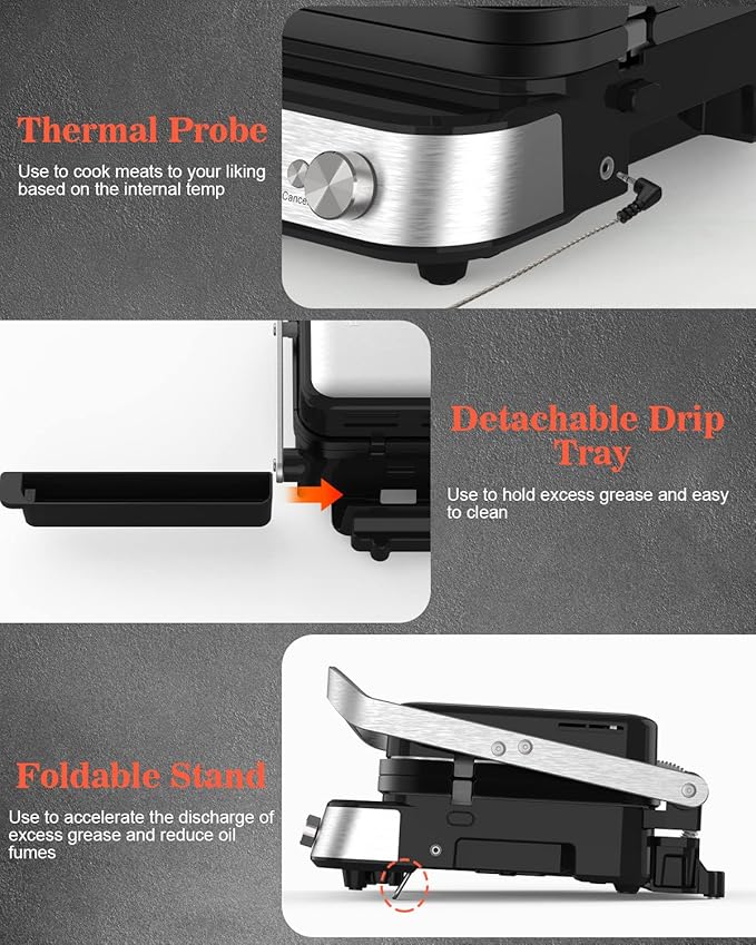 Panini Press Grill Sandwich Maker with Removable Plates, 1600W, 5 in 1 Smokeless Indoor Grill & Griddle with Meat Thermometer, Electric Contact Grills for Kitchen, Stainless Steel