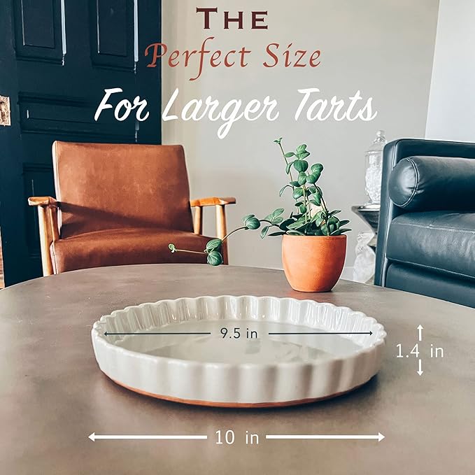 MORA Ceramic Tart Pan, 9.5 Inch Large Porcelain Baking Dish for Tarts, Quiche, Pie, Flan etc. Fluted Ruffled Edge, Oven, Microwave, Freezer, and Dishwasher safe - Great Gift For Bakers - Earl Grey