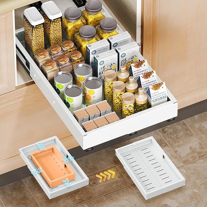 Pull Out Drawers for Cabinets, 1 Pack Slide Out Drawer Expandable Width (10"-16") and Depth (17"-25") with 3 Slide Rails, Fixed with Adhesive Film or Nail for Cabinets in Kitchen, Pantry or Bathroom