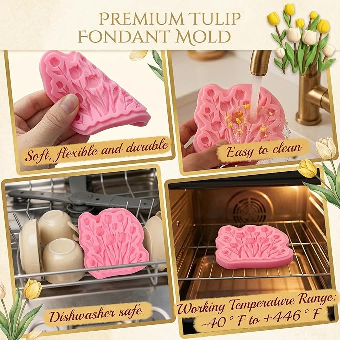 1 Pcs Tulip Fondant Mold, Flower Chocolate Silicone Mold, Food-Grade Material, for Baking Cookies Candy Sugar Crafts, Marzipan Muffins Chewing Gum Salted Dough Epoxy Resin Plaster Soap Clay