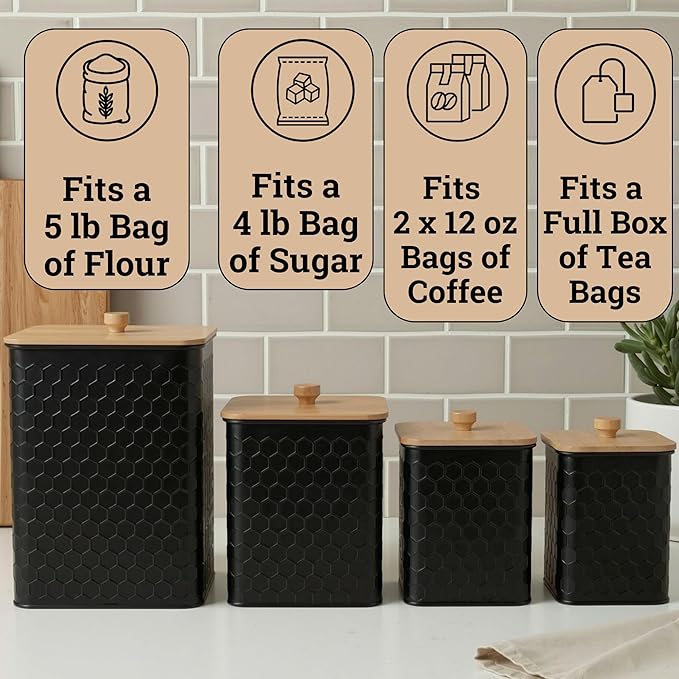Kitchen Canisters for Countertop Set of 4 - Textured Iron Kitchen Canisters with Airtight Lids - Flour Sugar Canister Set - Flour and Sugar Containers Farmhouse - Coffee Jar for Counter - Black Jar x4