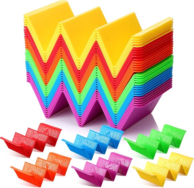 48 Packs Colorful Taco Holder Stands Plastic Large Taco Tray Plates Hold 2 or 3 Tacos Each Rack Server Hard Tortilla Holder for Party Platter Rack Dishwasher Microwave Safe
