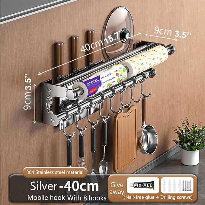 Silver 40CM+8Hook Modern Kitchen Utensil Hanger, Space-Saving Wall Mount Knife Wall Mount, Kitchen Storage Shelf with Hooks, Easy to Clean