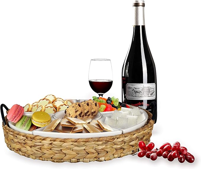Ceramic Serving Tray, Food Tray 15.5 x 15.5 Inches,Divided Serving Platter with 6 Removable Dishes, Portable Handle Cattail Serving Bowls,Perfect for or Chips and Dip,Natural
