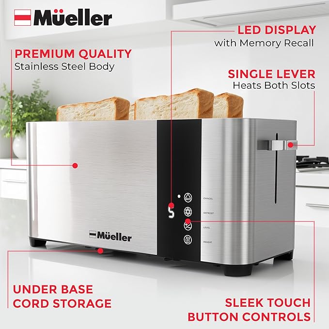 Mueller UltraToast Stainless Steel Toaster 4 Slice – Extra-Wide 1.6" Slots for Artisan Bread, Bagels & Frozen Waffles, 6 Browning Levels, LED Display, Cancel/Defrost/Reheat, Removable Crumb Tray