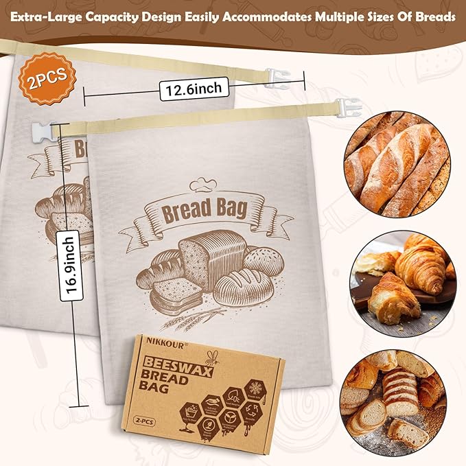Cotton Beeswax Bread Bag (2 Pack) Reusable Double-Lock Freezer Safe for Homemade Sourdough Bread Food Storage Gifts for Sourdough Bakers (Pattern 2)