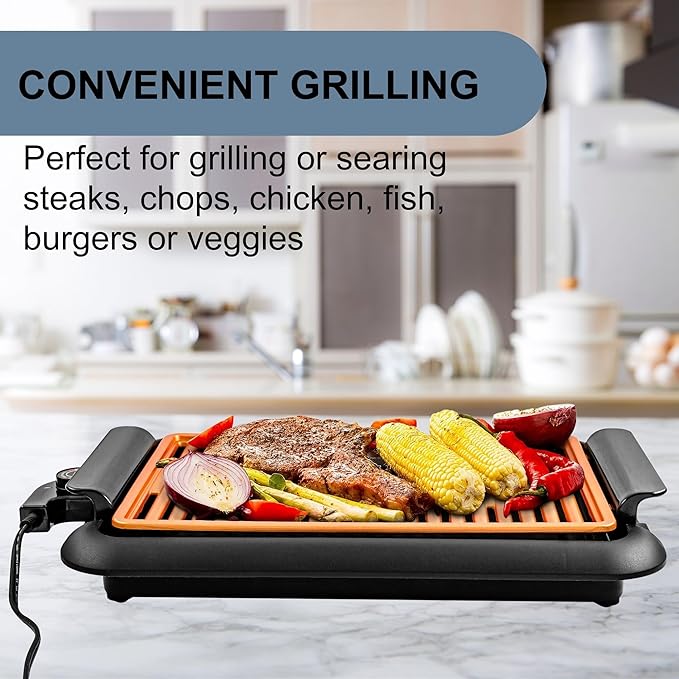 OVENTE Electric Indoor Grill with 15x10 Inch Non-Stick Cooking Surface, 1200W Fast Heat Up Power, Adjustable Temperature, Removable and Dishwasher Safe Grilling Plate and Drip Tray, Copper GD1510NLCO