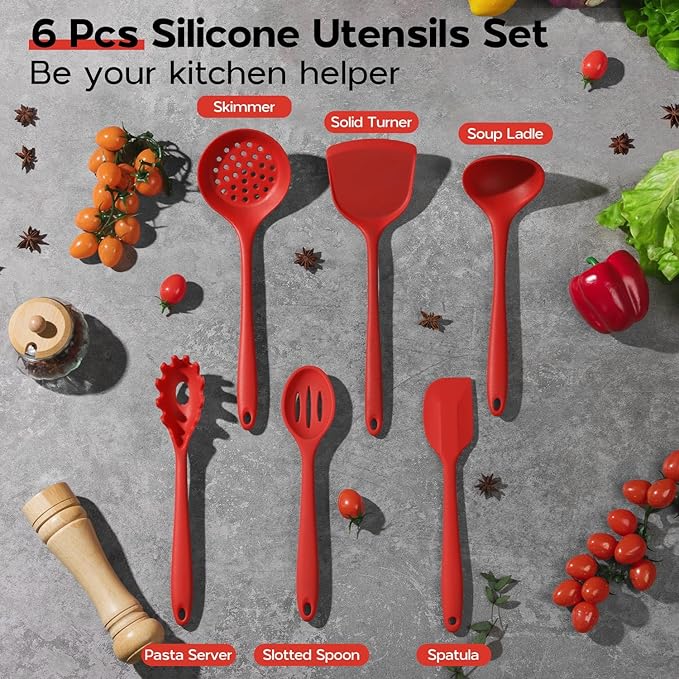 Onader Silicone Cooking Utensils Set, Red Kitchen Utensils 6 Pcs Set, Heat Resistant Kitchen Tool Kit, Nonstick Cookware Friendly & Non Toxic