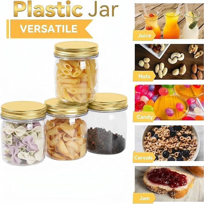 novelinks 8 oz Clear Plastic Jars with Airtight Lids, 32 Pack Plastic Mason Jars with Lids 8oz, Refillable Storage Slime Containers & Small Spice Jar for Kitchen Organization (32 Pack,Gold)