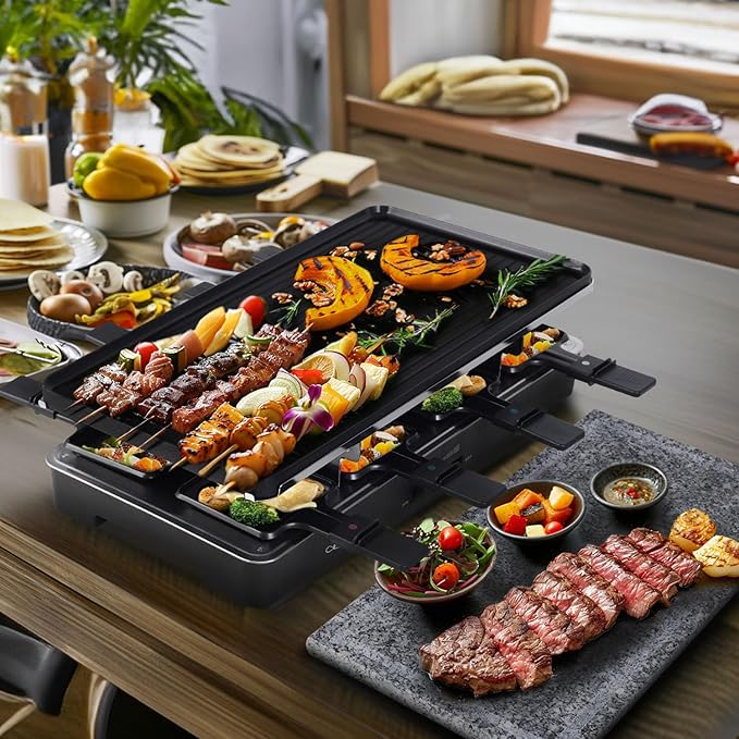 Artestia 2-in-1 1700W Adjustable Temperature Raclette Grill with Granite Stone & Non-Stick Cast Aluminum Plates | Includes 8 Mini Pans & Spatulas | Extended Power Cord | Perfect for Family Gatherings