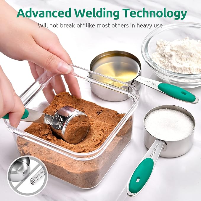 Measuring Cups and Spoons Set: U-Taste 18/8 Stainless Steel 10 Pieces Metal Stacking Kitchen Baking Cooking Food Measure Set 5 Cups 5 Spoons with Strengthened Weld Joints (Teal, Upgraded Version)