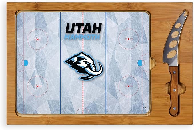 PICNIC TIME NHL Utah Mammoth Icon Glass Top Cutting Board & Knife Set, Charcuterie Board Set with Stainless Steel Cheese Knife, Tempered Glass Serving Platter and Charcuterie Set, (Natural Wood)