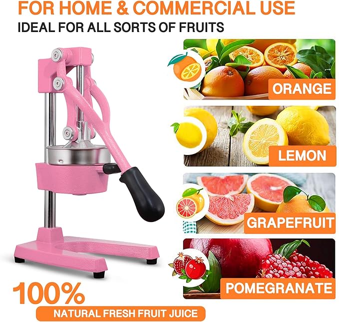 Commercial Heavy Duty Cast Iron Hand Press Manual Orange Citrus Lemon Lime Grapefruit Pomegranate Fruit Juice Squeezer Machine with Stainless Steel Cup Pink