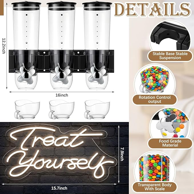 Lounsweer 6 Pcs Wall Mounted Cereal Dispenser with 1pcs Treat Yourself Neon Signs 9 L Candy Machine Grain Dispenser Neon Snack Sign Wall Mount for Home Kitchen Food Store Birthday Gift Party Decor