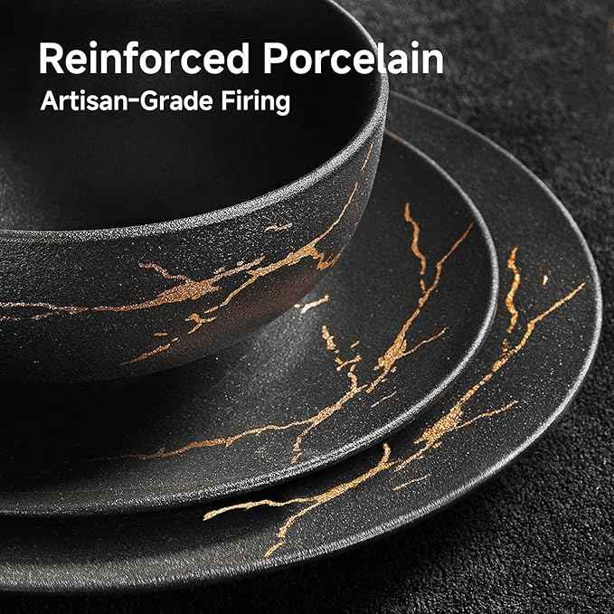 KINGSTONE Dinnerware Sets for 6 Porcelain Plates and Bowls Sets 18 Piece Matte Black with Gold Vein Dish Set Scratch Resistant Dinner Salad Plate Dishware for Wedding Party Daily