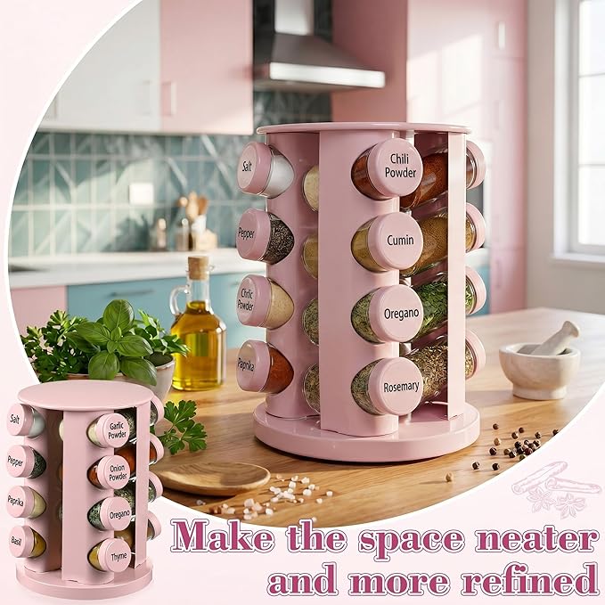Yungyan Pink Rotating Spice Rack Seasoning Organizer with 16 Empty Jars, Spice Containers Set with Labels and Funnel, Revolving Seasoning Rack for Kitchen Accessories (Stainless Steel,Glass)