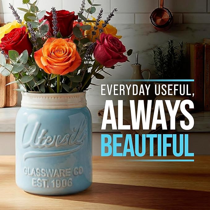 Comfify Wide Mouth Mason Jar Utensil Holder Decorative Kitchenware Organizer Crock, Dishwasher Safe - Kitchen Caddy Aqua Blue for Countertop, Large Size 7" Hight