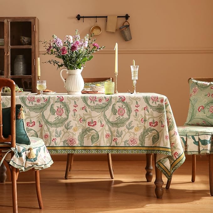 patdrea Designer Linen Tablecloths for Rectangle Table,Green Vintage Leaves Pattern Tablecloth,Decor Floral Table Cover for Kitchen Dining Christmas,Thanksgiving,Tea Party,55"x87"-Cecilia a