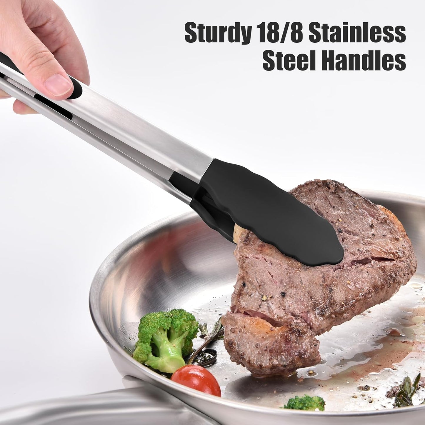 Doosu Kitchen Tongs for Cooking - 600°F Heat Resistant Food Tong with Non-Scratch Silicone Tips, Heavy Duty Stainless Steel Locking Tong for BBQ, Grilling Steak, Serving Salad, Pasta (12in, Black)