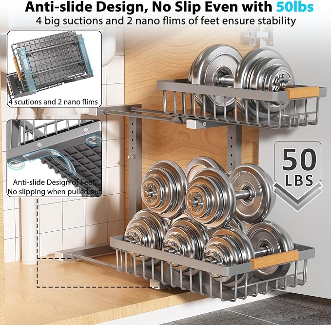 Liuoud Under Sink Organizer 2 Pack, 2 Tier Slide Out Large Capacity Height Adjustable Under Sink Organizers and Storage for Kitchen Bathroom Cabinet, Grey