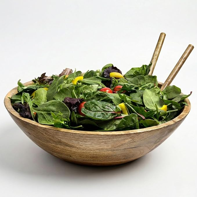 Extra Large Wooden Salad Bowl 15" with Serving Utensils - Large Wood Fruit Bowl - Oversized Mango Wood Salad Bowl for Big Family Meals , Bowl for Salad, Pasta, Popcorn - Handcrafted Wooden Salad Set