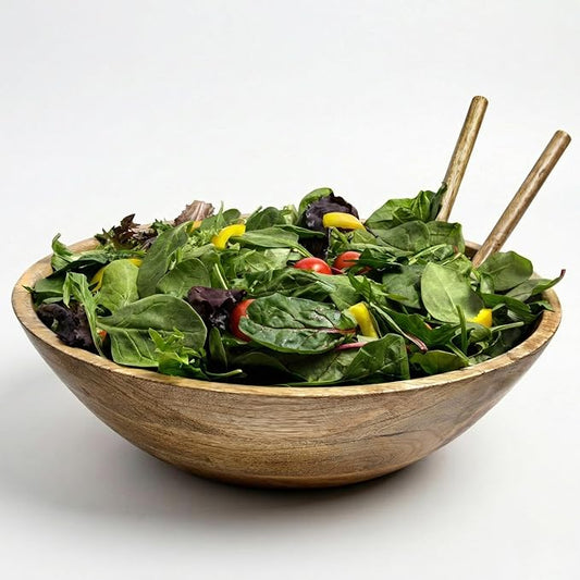 Extra Large Wooden Salad Bowl 15" with Serving Utensils - Large Wood Fruit Bowl - Oversized Mango Wood Salad Bowl for Big Family Meals , Bowl for Salad, Pasta, Popcorn - Handcrafted Wooden Salad Set