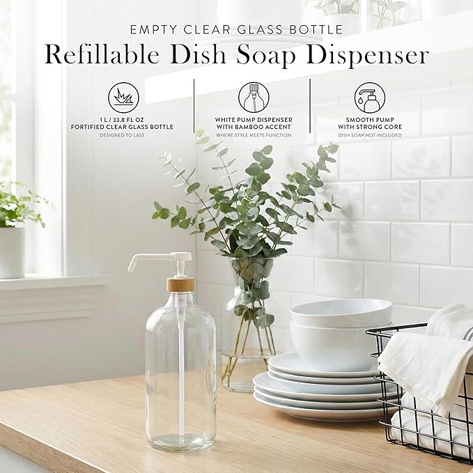 SAVVY & SORTED Glass Dish Soap Dispenser for Kitchen Sink 1 Liter, Hand Soap Dispenser for Bathroom, Refillable Clear Glass Bottles with White Bamboo Pump for Liquid Hand Wash, 34 Fl Oz