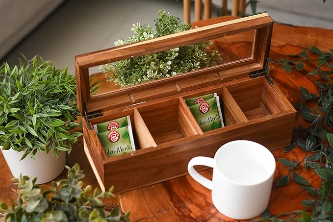 Acacia Wood and Bamboo Tea Bag Organizer - 4 & 8 Compartment Tea Box for Countertop - Tea Station & Coffee Bar Accessories - Fits Large & Craft Tea Bags (Wood, 4 Compartment)