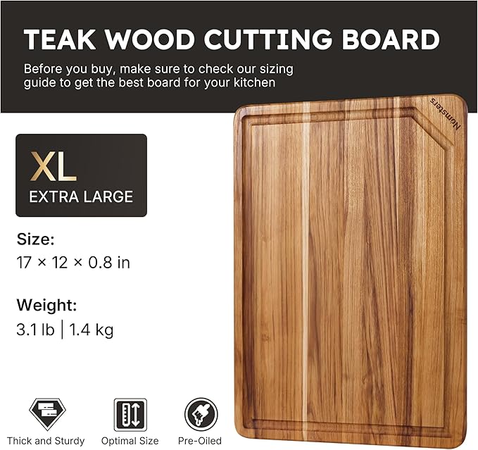 17'' Teak Wood Cutting Board for Kitchen Non Slip Charcuterie Board Serving Heavy Duty Non Toxic Wooden Chopping Board Thick Haus Edge Grain Wood, Knife Friendly Housewarming Gifts - FSC Certified