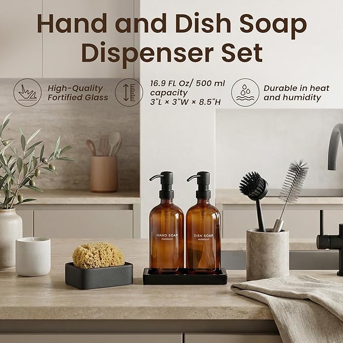 Maisonovo Kitchen Soap Dispenser Set - Hand and Dish Soap Dispenser Set with Amber Glass Soap Dispenser, Black Pumps & Ceramic Tray