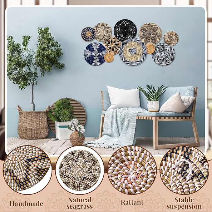 Tatuo 11 Pcs Boho Wall Basket Decor Bulrush Woven Wall Hanging Art Round Farmhouse Rustic Handmade Wicker for Summer Home, Bedroom, Living Room, Kitchen Decorations, Multi Sizes(Blue)