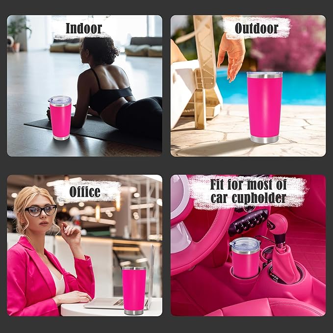 20 oz Tumbler Coffee Travel Tumblers Bulk with Lid Stainless Steel Double Wall Vacuum Insulated Mug Powder Coated Cups fit Car Cupholder for Hot and Cold - Hot Pink, 8Pack