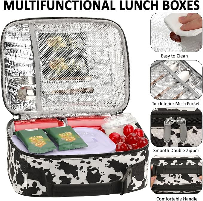 Lunch Box Kids Insulated Lunch Bag for Boys Girls Cute Reusable Lunch Tote Bag Waterproof Portable Thermal Lunch Box Kids for School Picnic Travel Cow Print