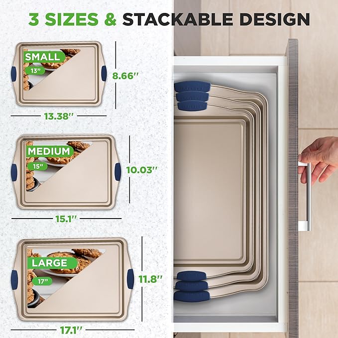 NutriChef Nonstick Baking Pans Set - Carbon Steel Bakeware with Blue Silicone Handles, Even Heat Distribution, Durable & Reliable 3-Piece Cookie Sheet Set in Small, Medium, Large Sizes (Gold)