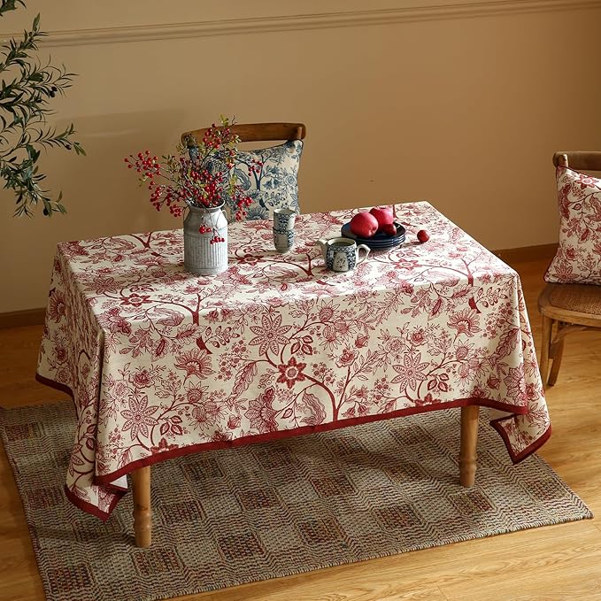 ISAENNE Designer French Linen Table Cloth for Rectangle Table,Red Floral Washable Indoor Tablecloth,Durable Home Decor Tablecloths for Dining Thanksgiving Kitchen Party Christmas,55"*79"-Ruyi A