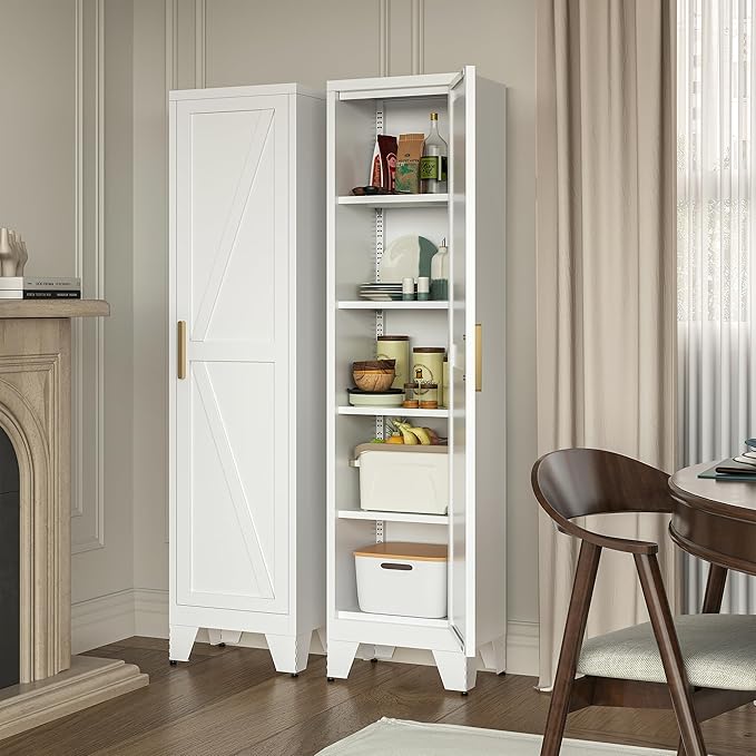 67" Tall Narrow Bathroom Metal Storage Cabinet with 4 Adjustable Shelves, Freestanding 5 Tier Slim Pantry Storage Cabinet for Small Space, White