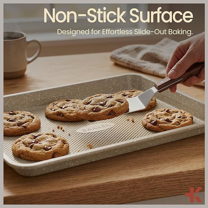 BAKKEN Kitchen Baking Pan - Small, Medium, and Large Cookie Pan (13.58×9.65, 15.75×11, 17.91×12.60), Nonstick, Diamond Texture Bottom, PFOA, PFOS, PTFE Free, Oven Safe (450°F), Pack of 3, White Marble