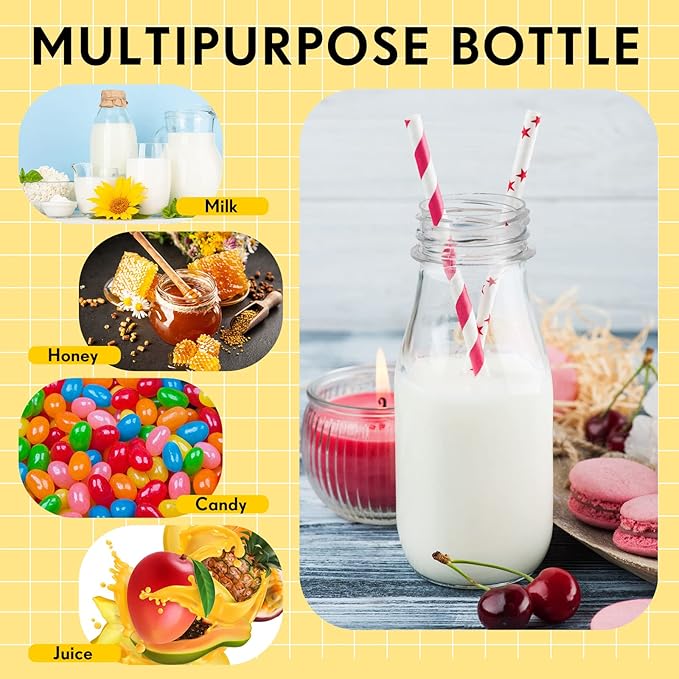 Yinkin 20 Sets Plastic Milk Bottles with Straws Lids Clear Plastic Containers for Dairy Milk Party Bottle for Juices Shakes Smoothies (8 oz,Gold Lid)