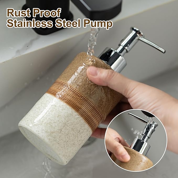 Ceramic Soap Dispenser Set for Hand Soap, Shampoo, Dish Soap, Conditioner, Includes Stainless Steel Pump and Silicone Funnel, 12 Oz, Modern Kitchen Decor