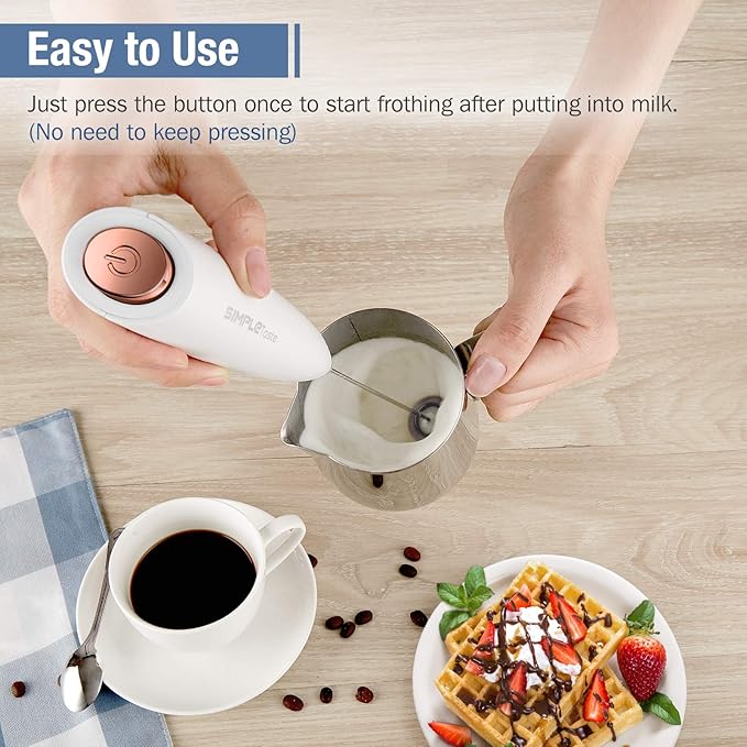SIMPLETASTE Milk Frother Handheld Electric Foam Maker, Drink Mixer with Stainless Steel Whisk for Cappuccino, Bulletproof Coffee, Latte, White, with Stand, Battery Operated